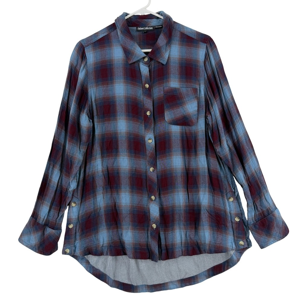 Tolani Collection Button‎ Up Shirt Womens Large Blue Plaid Velvet Back Tunic Top